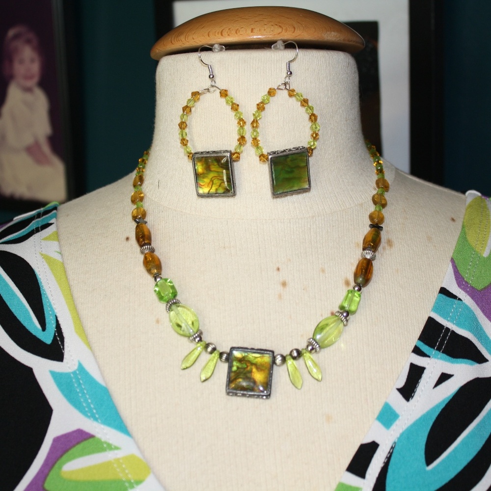 SOLD -Green & Yellow Glass Necklace and Earrings